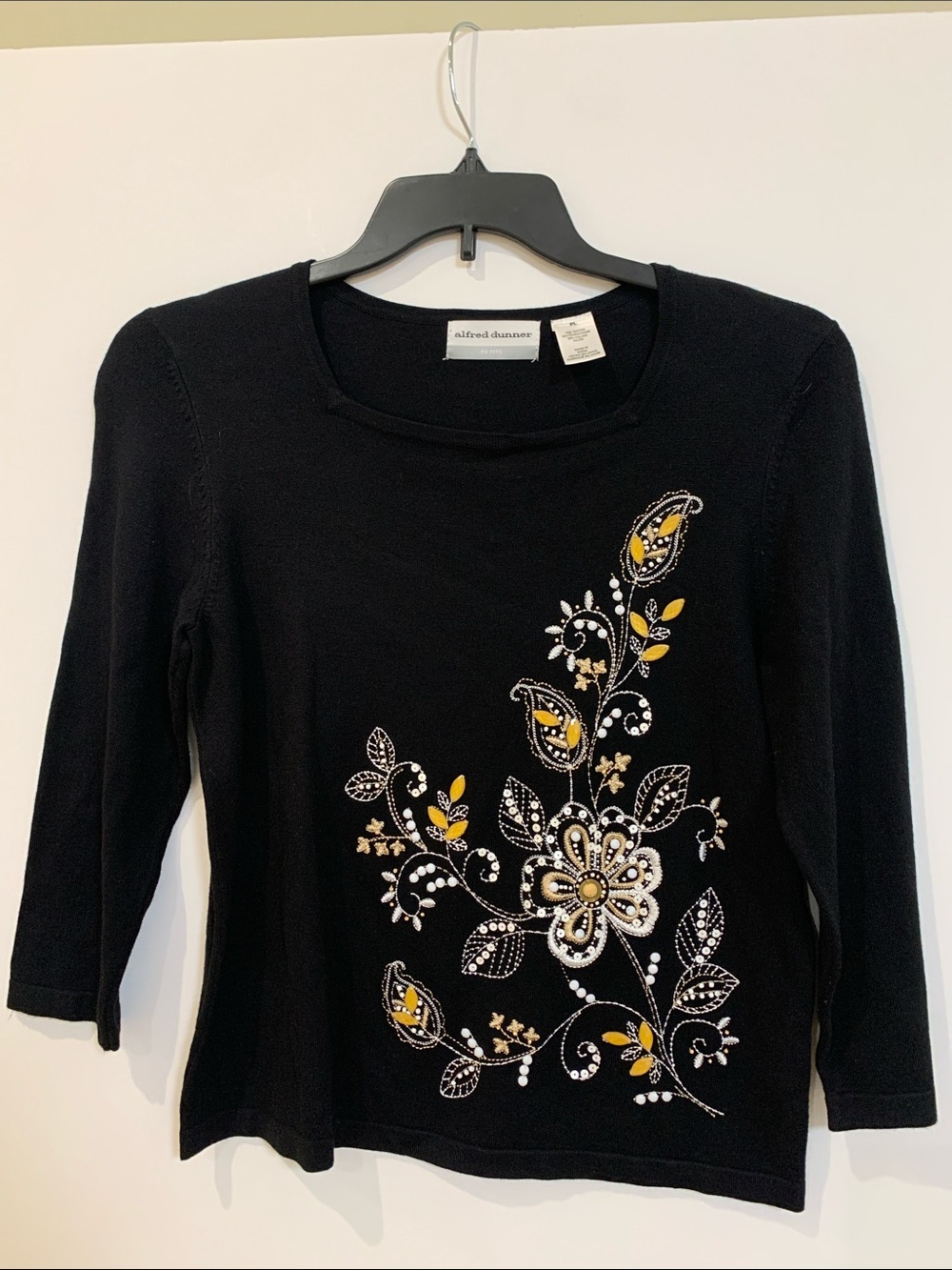 Alfred Dunner Black Long Sleeve Embroidered Floral Top with Yellow Accents